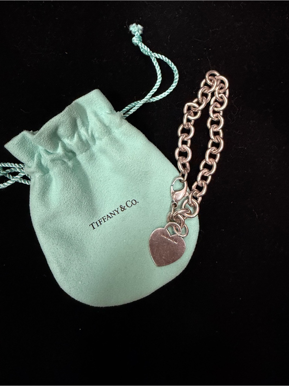 Tiffany & Co. Vintage Sterling Silver Heart Tag Bracelet w/ Original Blue Pouch